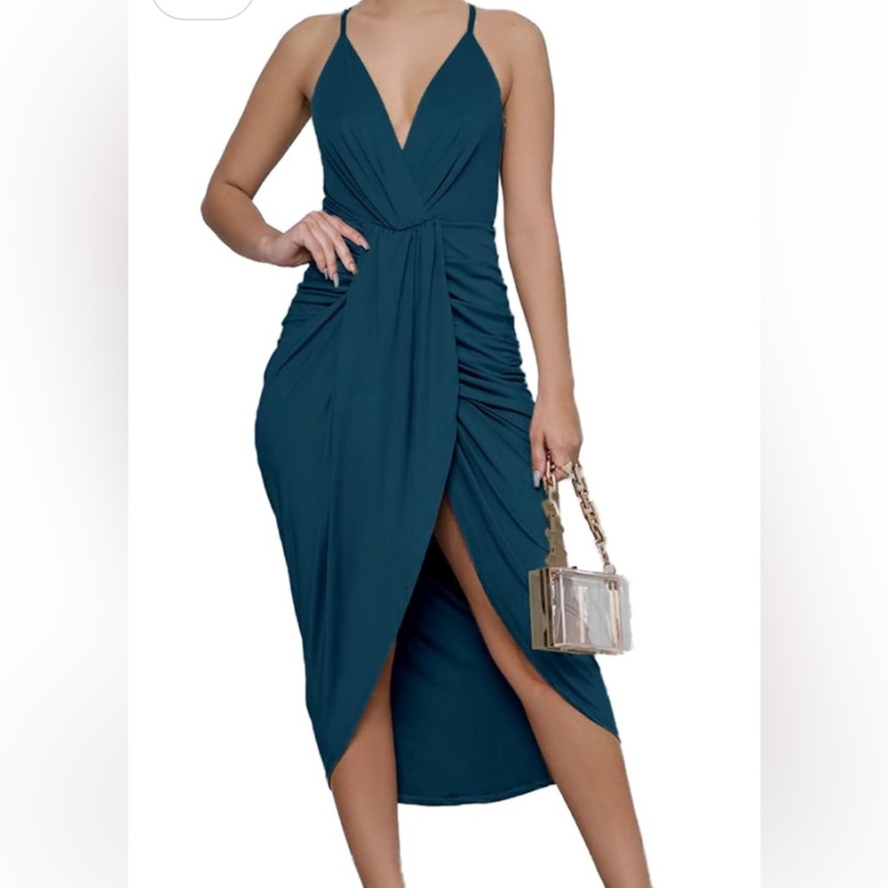 Teal Ruched Wrap Midi Dress with Spaghetti Straps